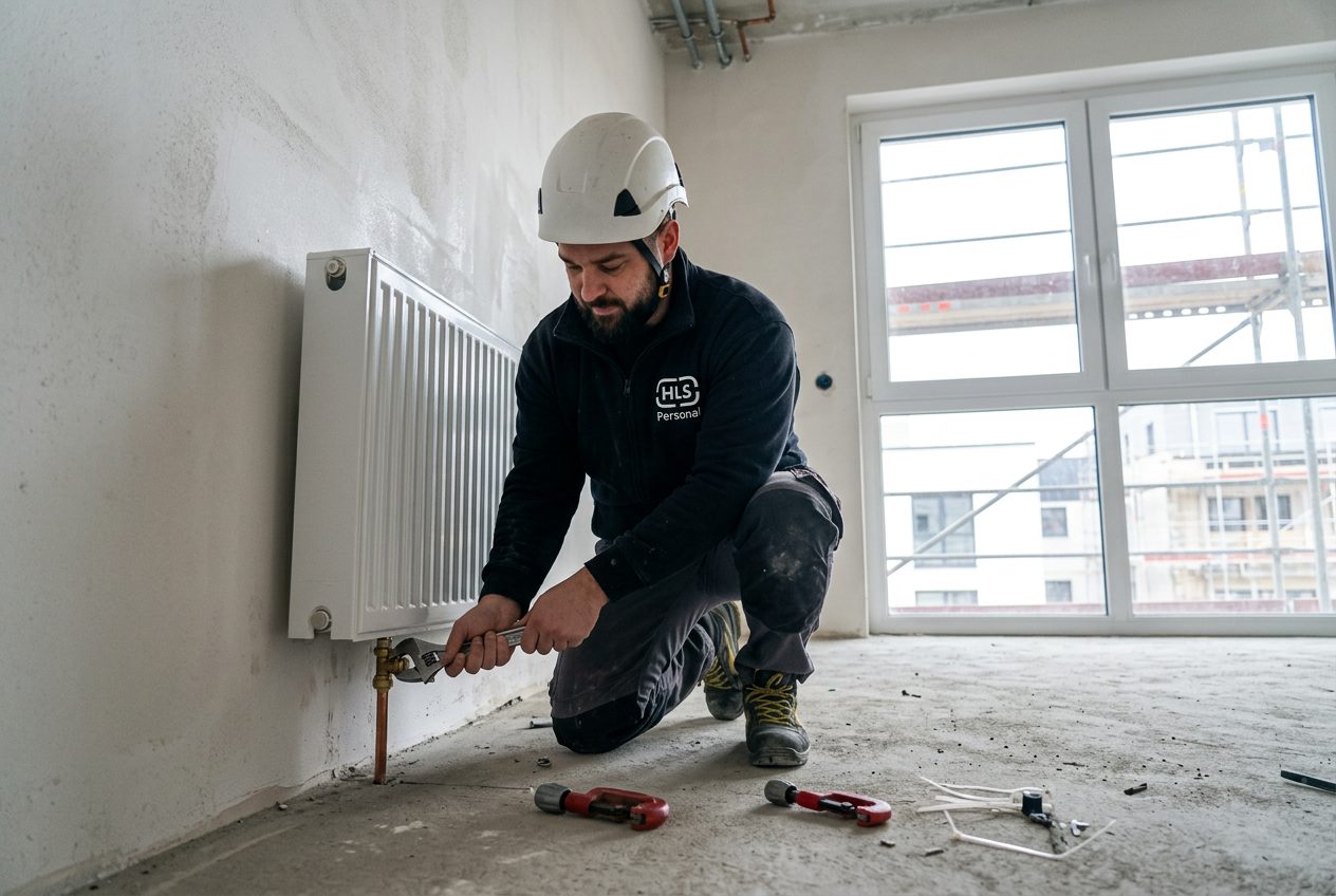 HLS-Heizungsmonteur installiert Heizkörper im Wohnungsbau Hamburg