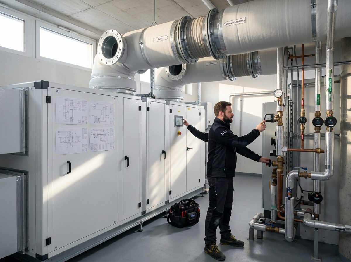 HLS-Monteur prüft RLT-Anlage mit Wärmerückgewinnung