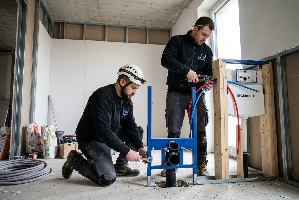 HLS-Sanitärmonteure installieren Vorwand-Installation im Neubau