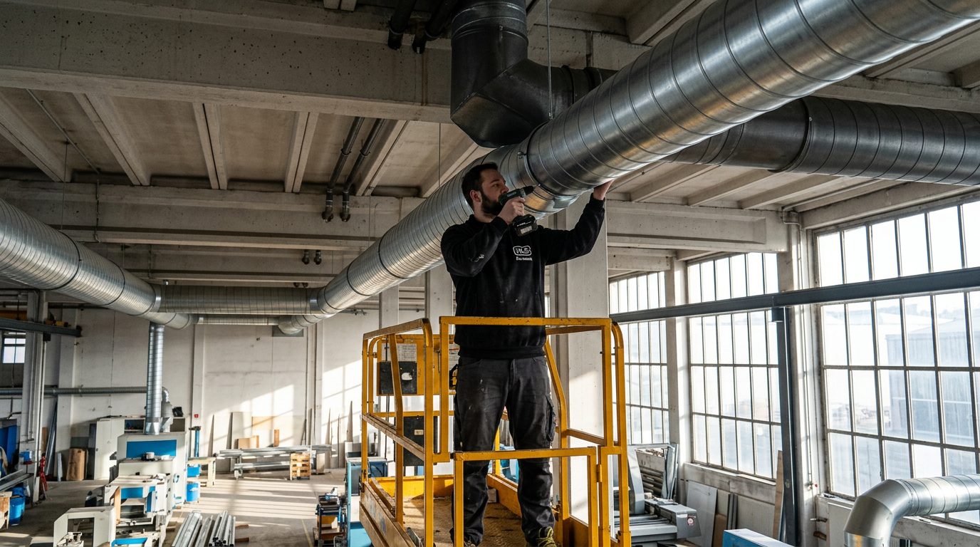 HLS-Lüftungsmonteur montiert Wickelfalzrohr in industrieller Halle